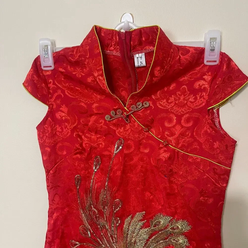 Cosplay Life Red and Gold Phoenix Brocade Chinese Traditional Cheongsam‎ Dress S